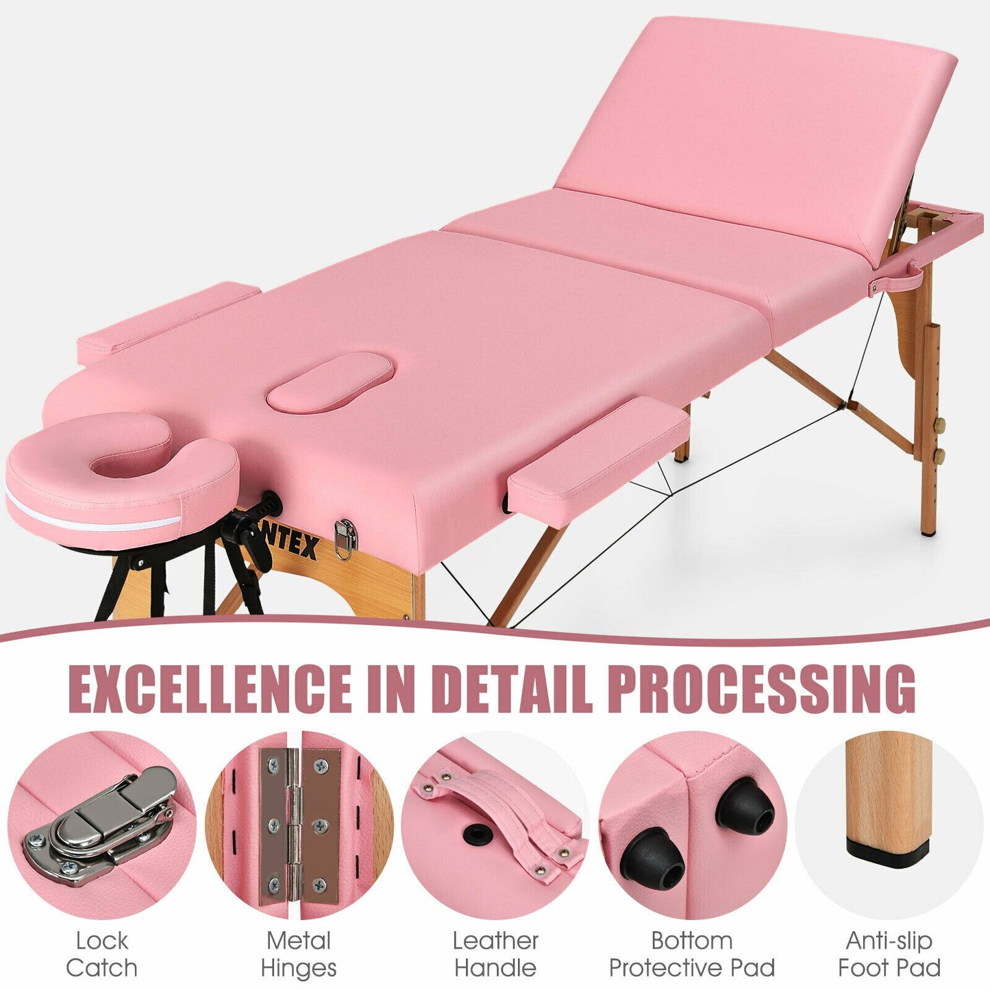 Portable Massage Table 3 Fold - Adjustable Spa Bed w/Carry Case Pink