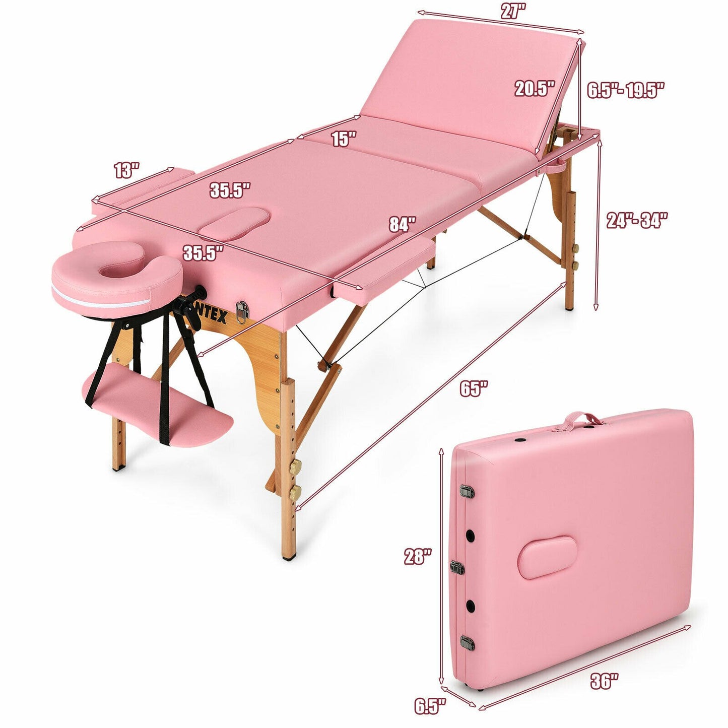 Portable Massage Table 3 Fold - Adjustable Spa Bed w/Carry Case Pink