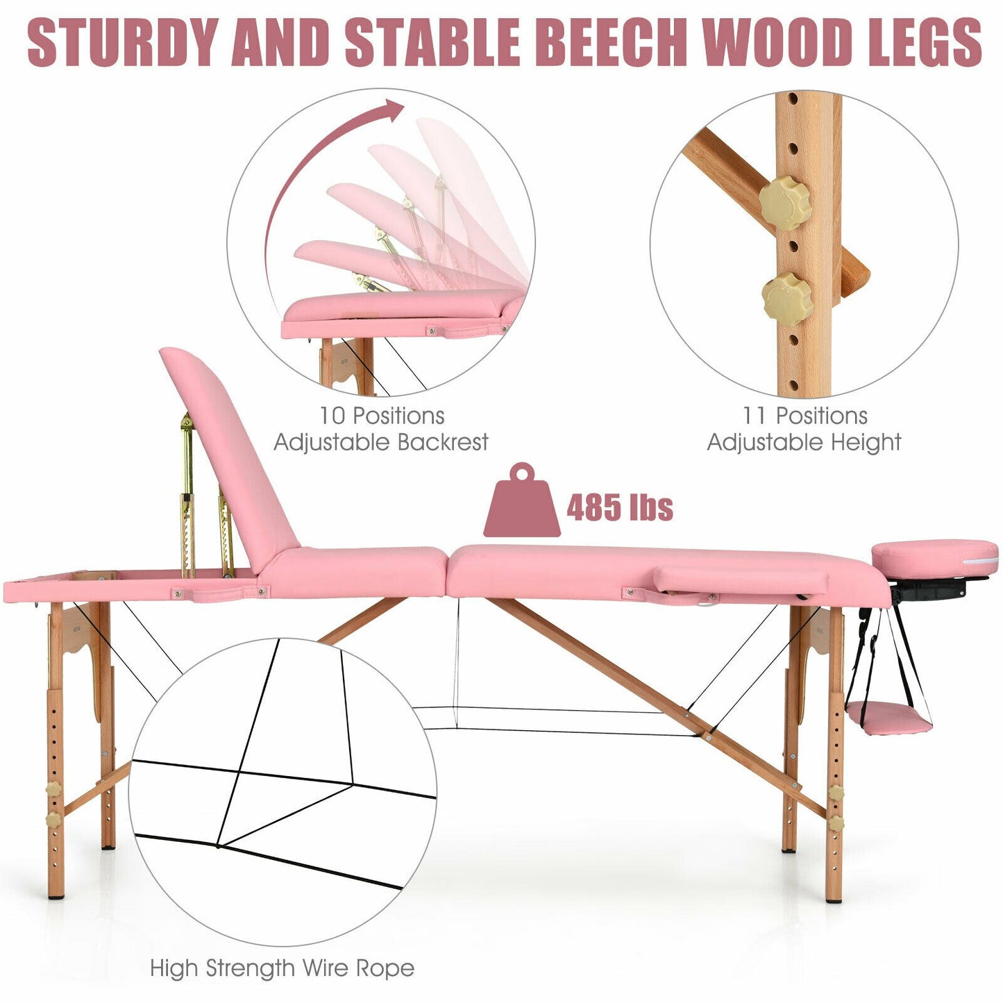 Portable Massage Table 3 Fold - Adjustable Spa Bed w/Carry Case Pink